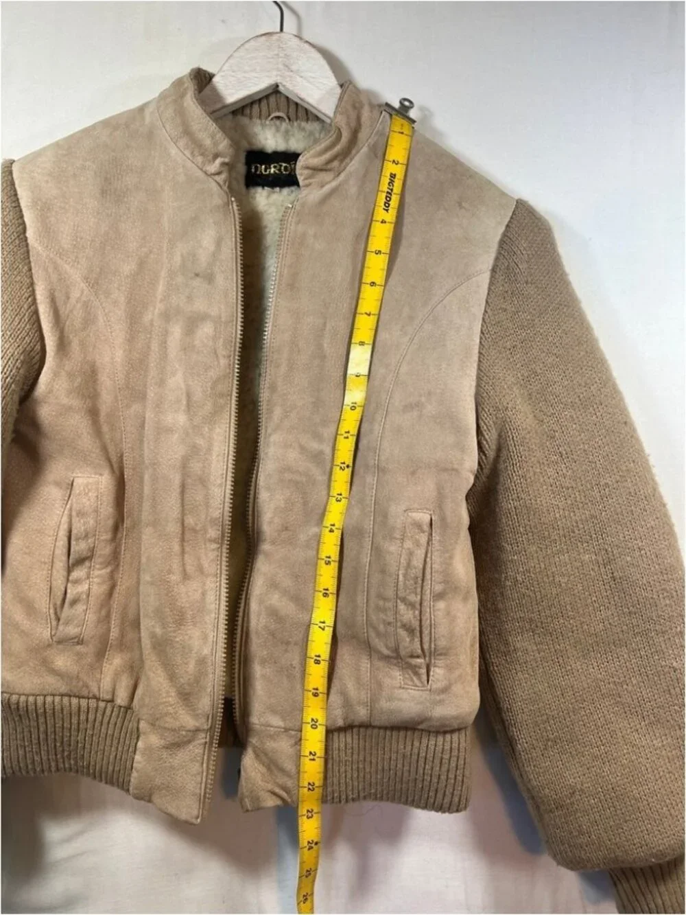 Vintage Noroic Knit Bomber Jacket Tan Pigskin Leather Faux‎ Shearling Lined